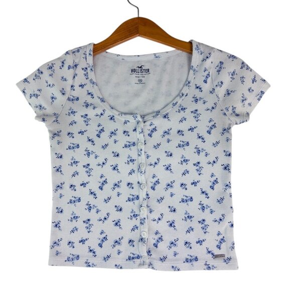Hollister Tops - Floral Ribbed T-Shirt Hollister Women’s XS White Blue Short Sleeve Casual Top